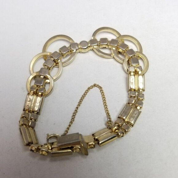 Vintage SAC Sarah Coventry Rhinestone Gold Tone Bracelet, Retro Design, Estate - Picture 3 of 7